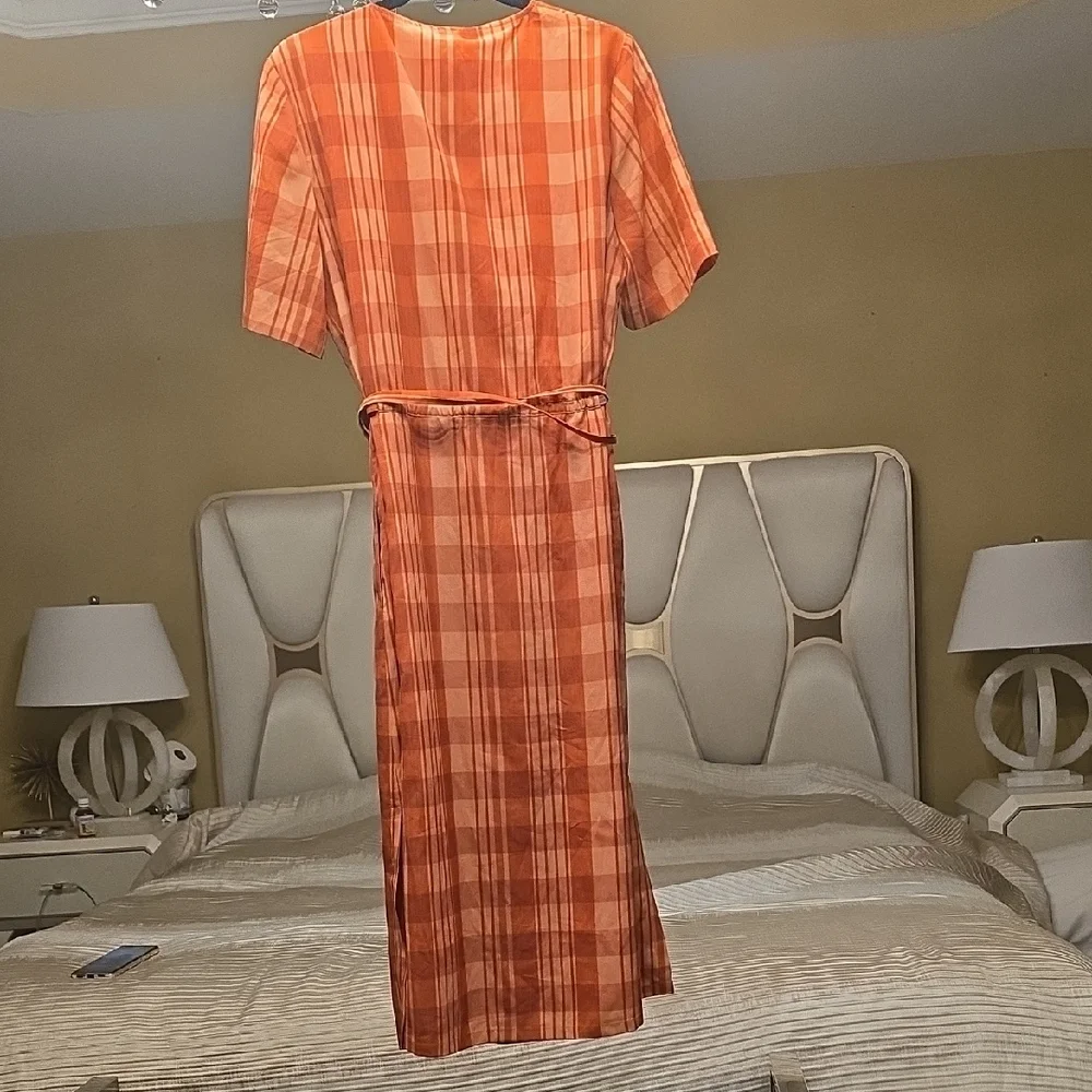 Altuzarra Picotee Orange Checkered Midi Dress In Cayenne Canyon Clay Size 42 - Picture 6 of 16